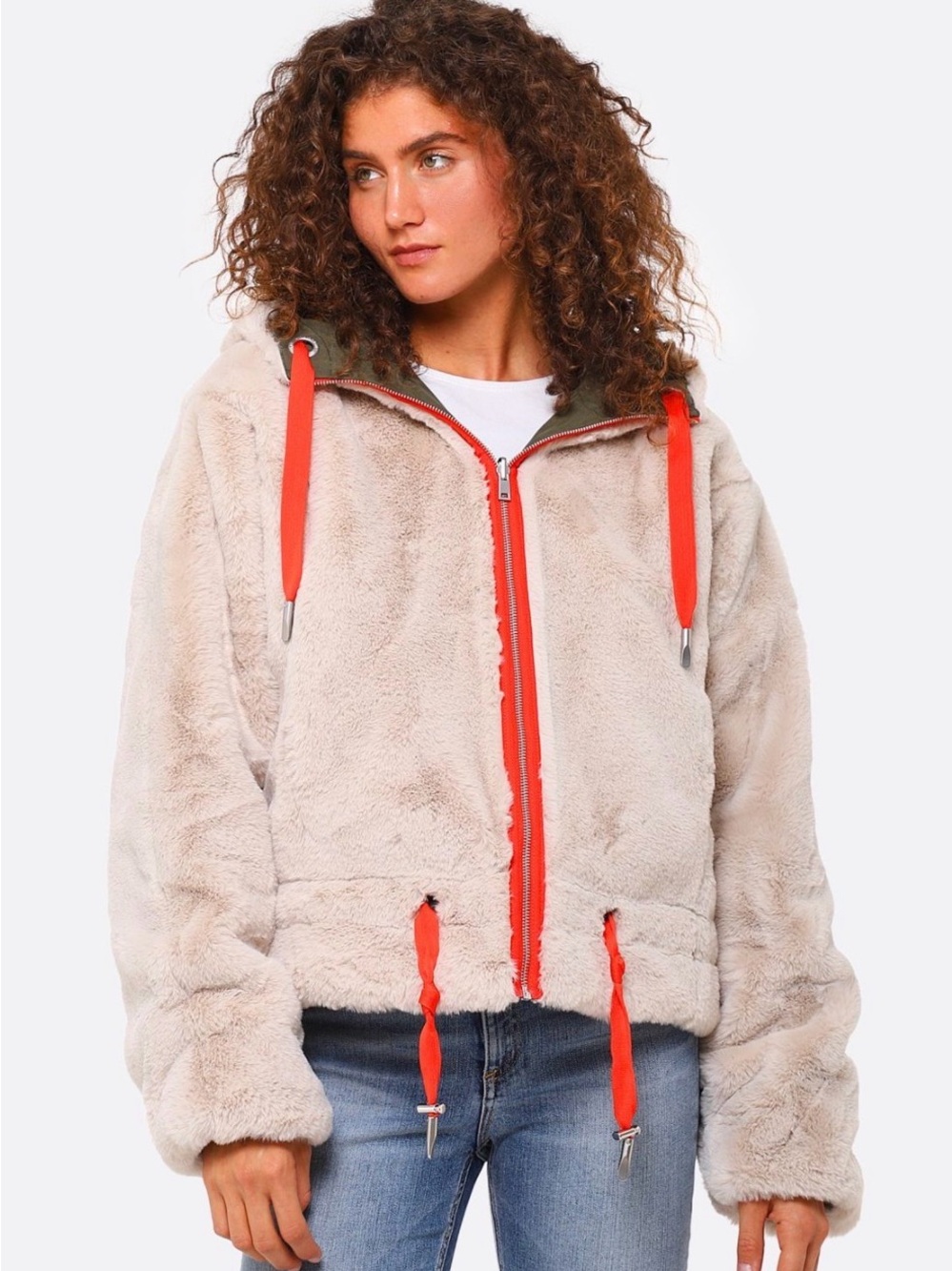 NWOT Rino & Pelle Reversible Beige Fuzzy Coat with Orange Trim